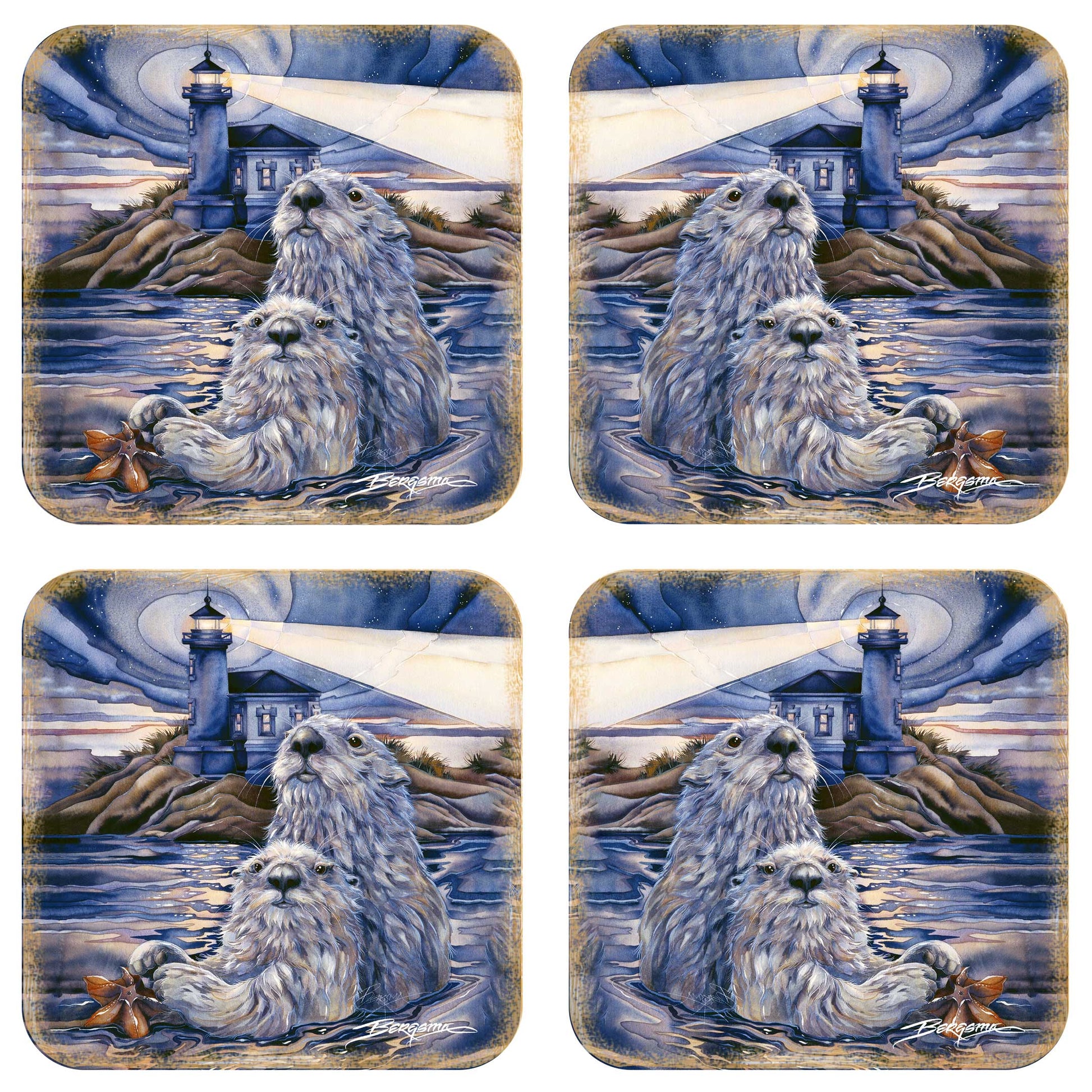 Starlight Otters Wooden Cork Coasters Gift Set of 4 by J. Bergsma - Wildlife Decor  - 8199473C-S4-4