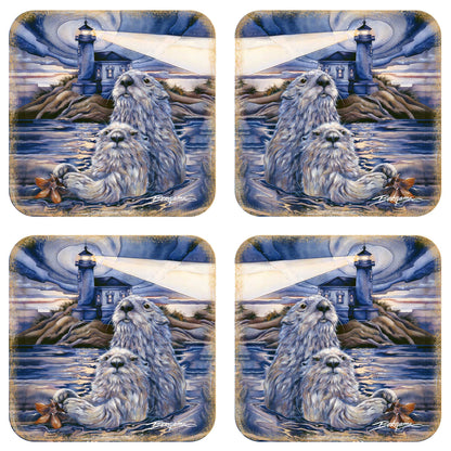 Starlight Otters Wooden Cork Coasters Gift Set of 4 by J. Bergsma - Wildlife Decor  - 8199473C-S4-4