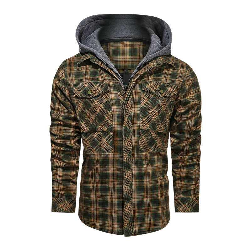 Men Long-sleeved Plaid Jacket Regular Fit Fleece Detachable Hoodies Jackets