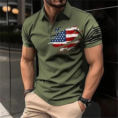 Men's Casual Flag Printed Lapel Short Sleeve