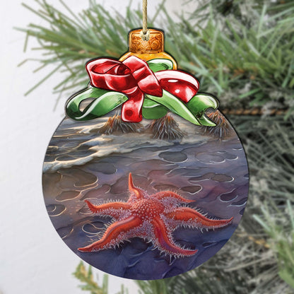 Red Sunflower Sea Star Wooden Ornaments by G.Debrekht - Wildlife Holiday Decor - 870019-1