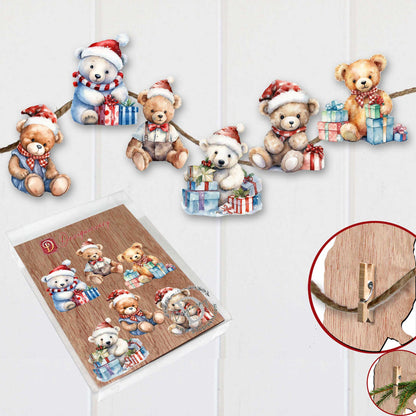 Christmas Teddy Bear Clip-On Eco Wood Decorative Ornaments Set of 6 by G. Debrekht - Christmas Decor - 8090011C-S6-3