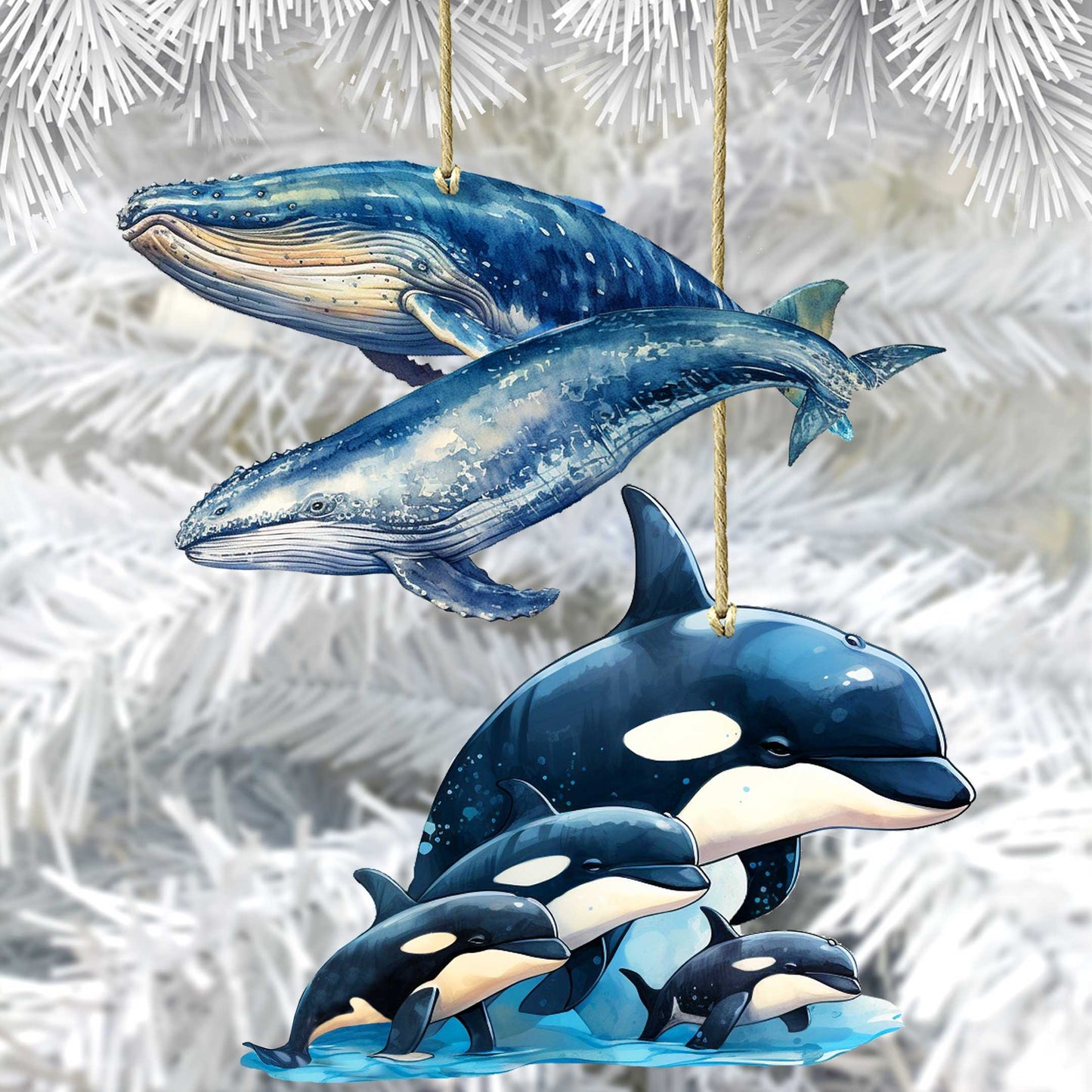 Alaskan Whale and Orca Eco Wood Ornaments Set of 2 by G. Debrekht - Wildlife Holiday Decor - 8091323S5-2