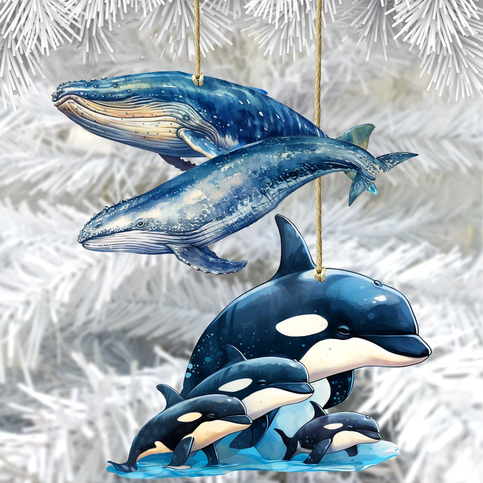 Alaskan Whale and Orca Eco Wood Ornaments Set of 2 by G. Debrekht - Wildlife Holiday Decor - 8091323S5-2