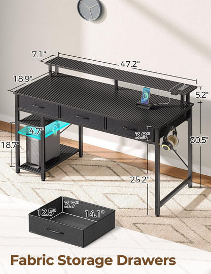 Computer Desk with Power Outlets & LED Light, 47 Inch Home Office Desk with 3 Drawers and Storage Shelves, Writing Desk with Monitor Stand, Modern Work Desk for Home Office, Carbon Black-2