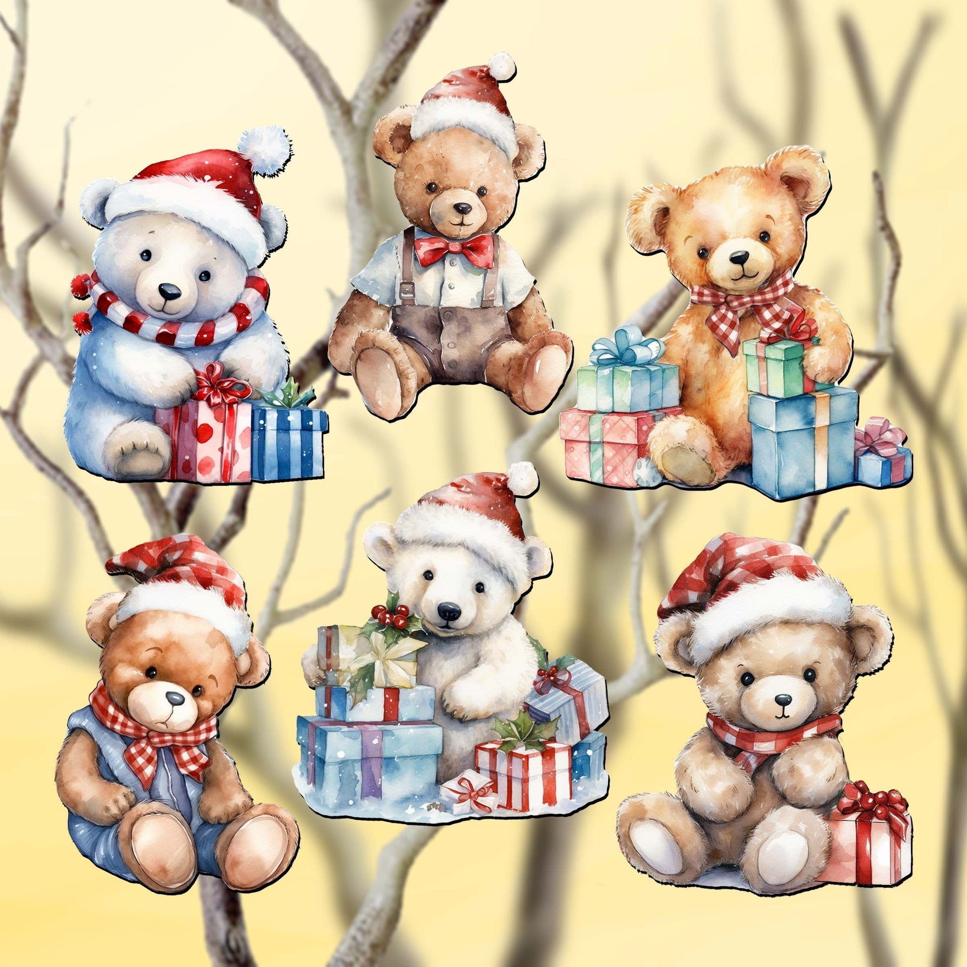 Christmas Teddy Bear Clip-On Eco Wood Decorative Ornaments Set of 6 by G. Debrekht - Christmas Decor - 8090011C-S6-0