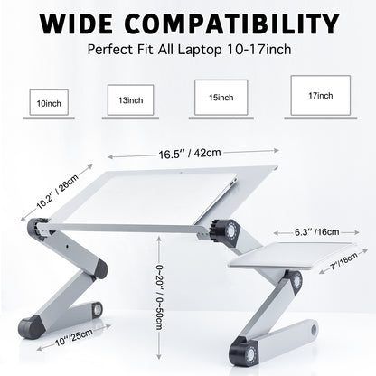 Adjustable Aluminum Lap Workstation with 2 CPU Cooling USB Fans and Mouse Pad