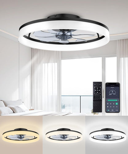 Ceiling Fans with Lights and Remote, 20" Fandelier Ceiling Fan Flush Mount, 3000K-6500K Smart Bladeless LED Fan Light, Modern Low Profile Ceiling Fan with Light for Bedroom, Kids Room and Living Room.-0
