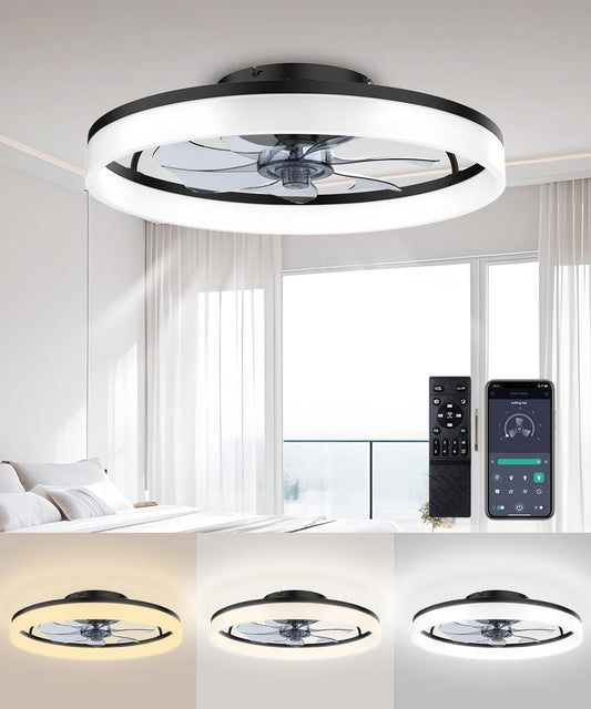 Ceiling Fans with Lights and Remote, 20" Fandelier Ceiling Fan Flush Mount, 3000K-6500K Smart Bladeless LED Fan Light, Modern Low Profile Ceiling Fan with Light for Bedroom, Kids Room and Living Room.-0