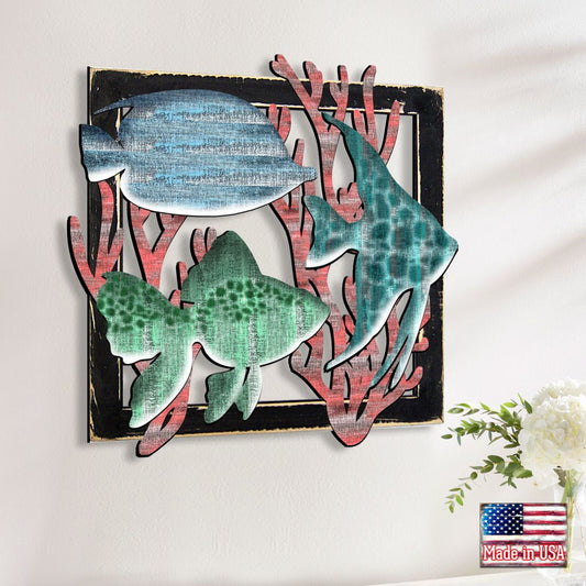 Colorful Fish Rustic Wooden Wall Decor by G. DeBrekht - Coastal Sea-Life Decor - G98537S3-0