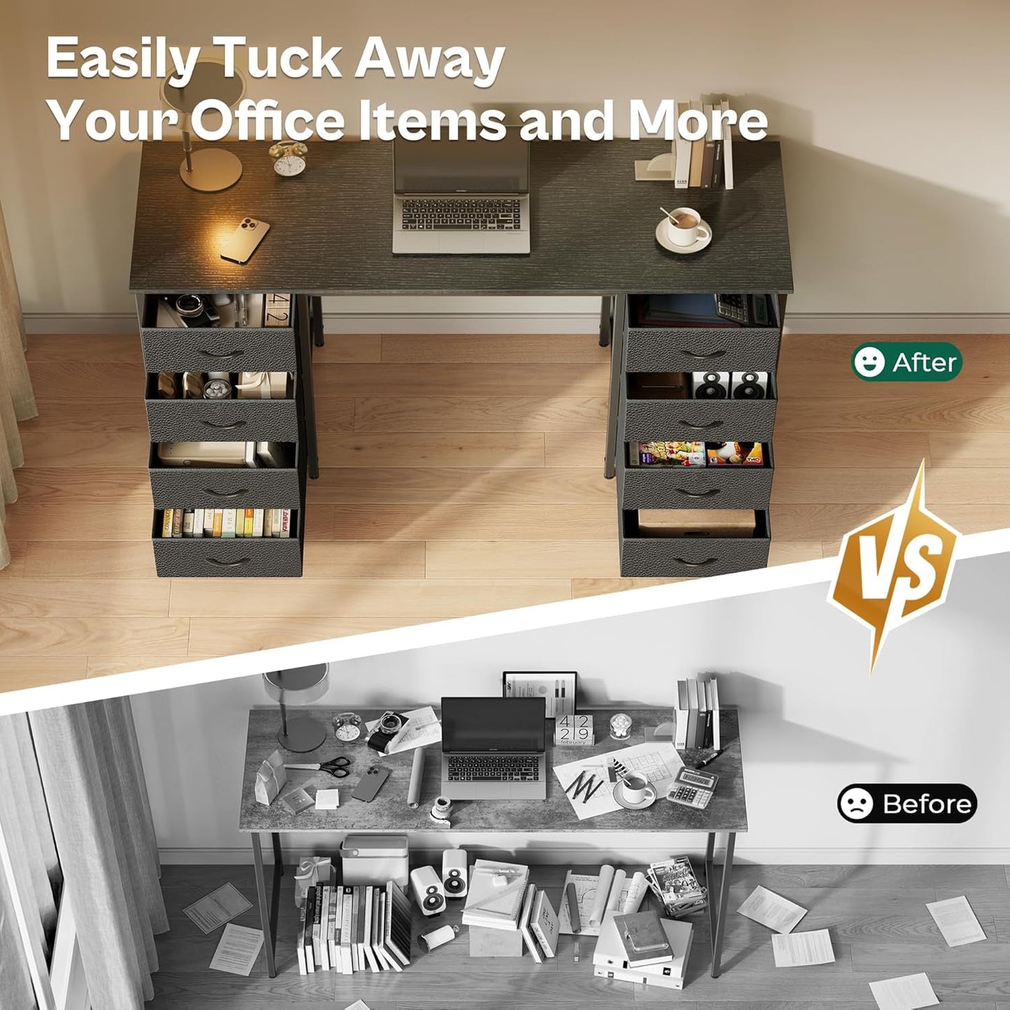 55 Inch Computer Desk with 8 Fabric Drawers, Office Desk Work Desk for Home Office, Study, Gaming Desk with Drawers, Large Storage, Black-2