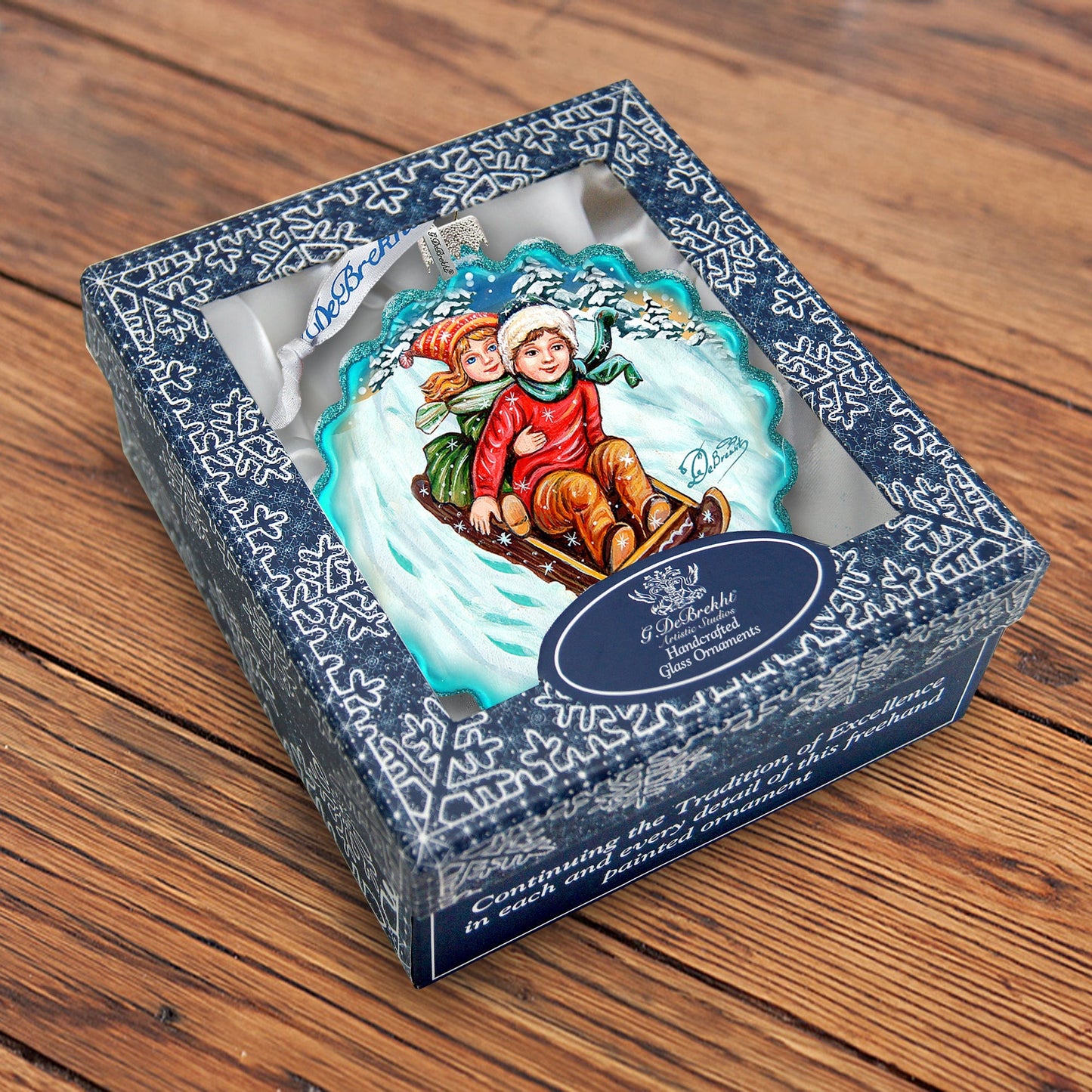 Kids Happy Sledging Wreath Glass Ornament by G. DeBrekht - Christmas Decor - 759-045-2