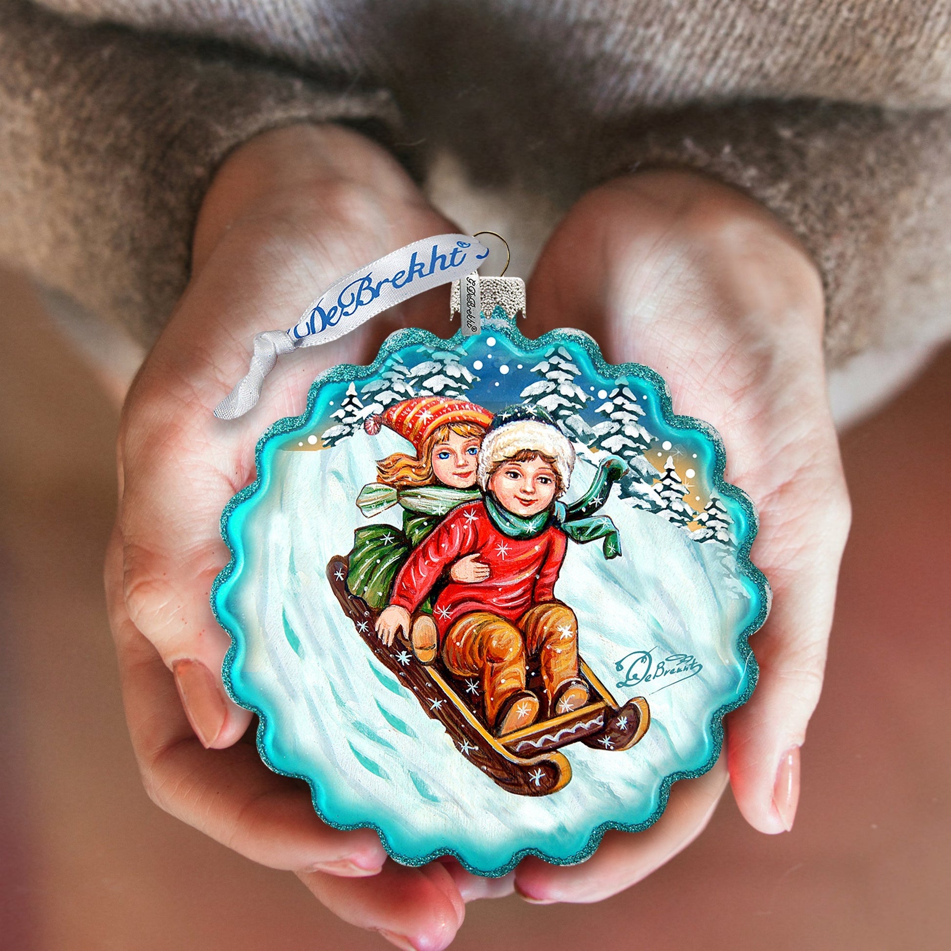 Kids Happy Sledging Wreath Glass Ornament by G. DeBrekht - Christmas Decor - 759-045-3