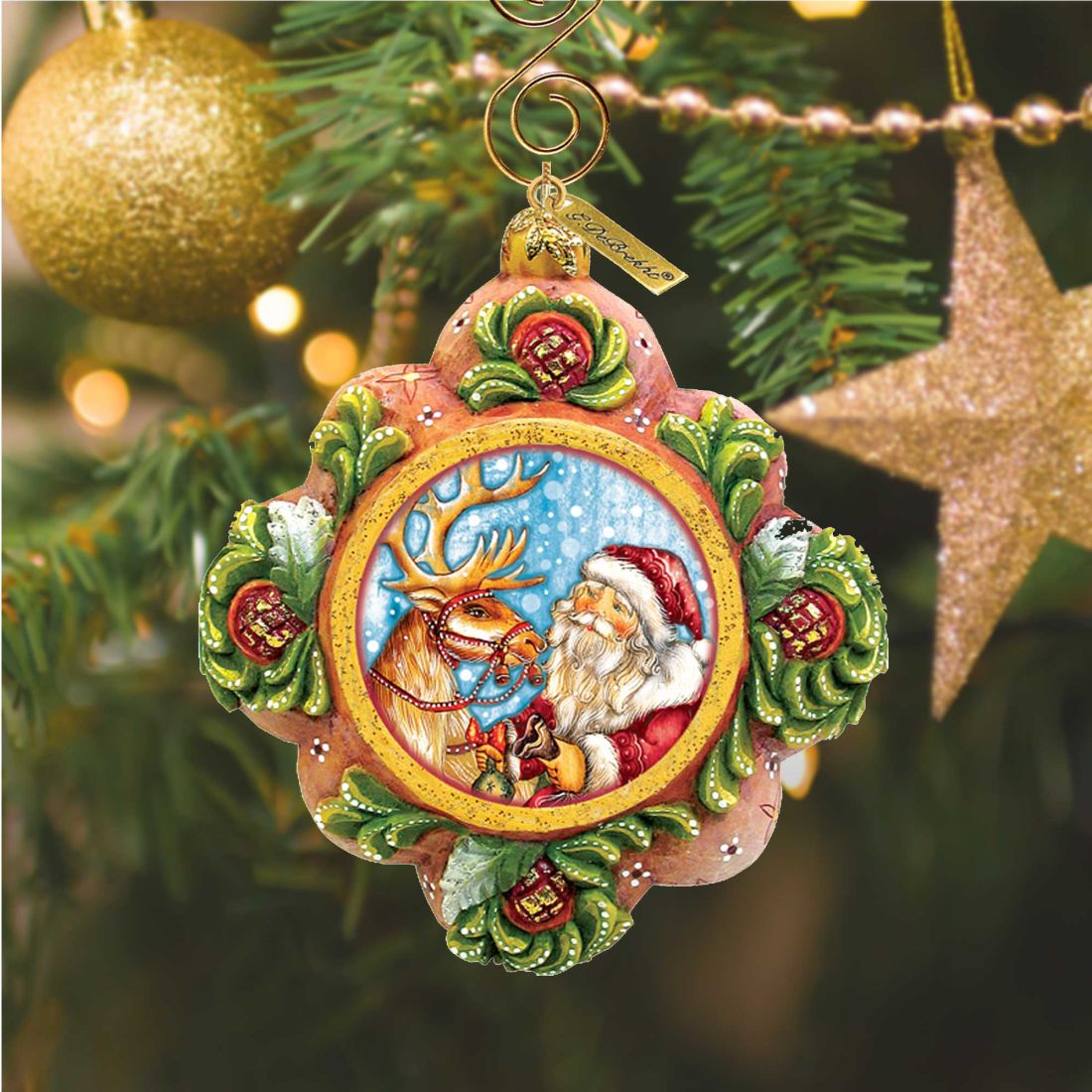 Santa with Reindeer Sculpted Hand-Painted Christmas Ornament by G. DeBrekht - Christmas Santa Snowman Decor - 6102542-1