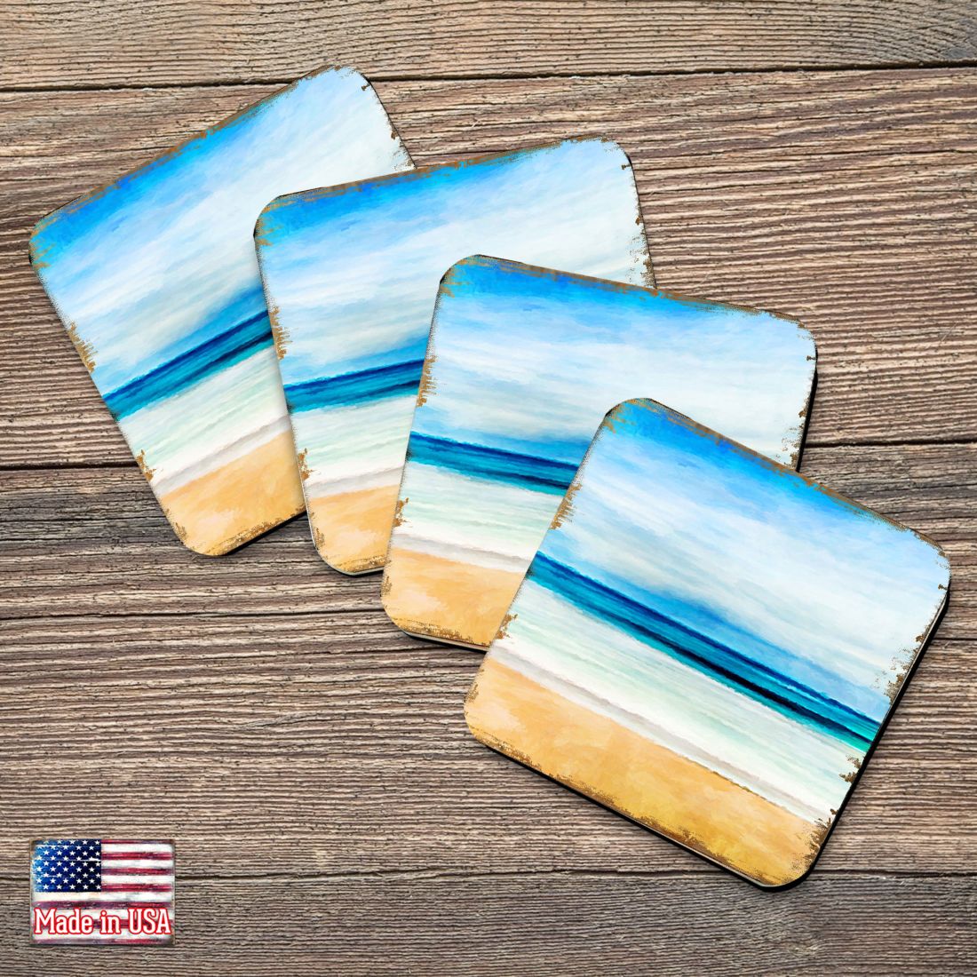 Beach Coastal Wooden Cork Coasters Gift Set of 4 by Nature Wonders - Coastal Sea-Life Decor - 95226C-S4-1