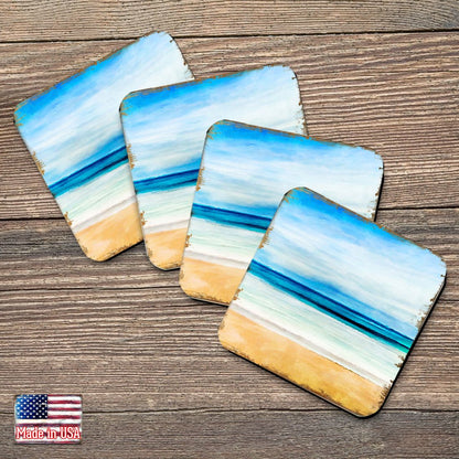 Beach Coastal Wooden Cork Coasters Gift Set of 4 by Nature Wonders - Coastal Sea-Life Decor - 95226C-S4-1