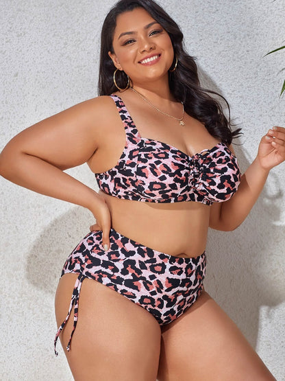 Plus Size Printed Drawstring Detail Bikini Set