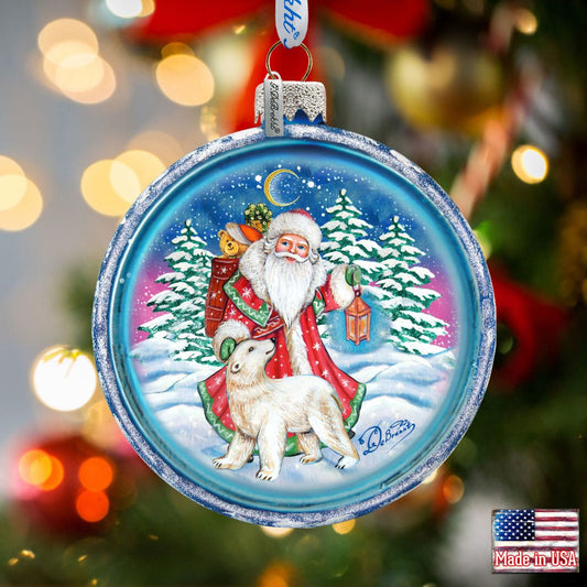 Santa With Polar Bear Cut Ball Glass Ornament by G. DeBrekht - Christmas Santa Snowman Decor - 764-028-0
