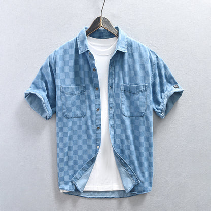 Men's Plaid Casual Denim Short Sleeve Shirt