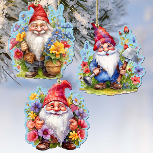 Garden Gnomes Decorative Eco Wood Ornaments Set of 3 by G. Debrekht - Spring Easter Decor - 8091030-S3-0