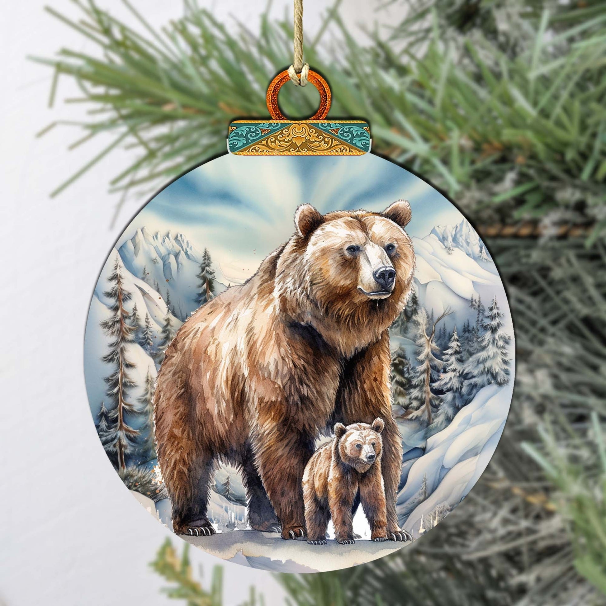 Grizzly Bear with Cub Wooden Ornaments by G.Debrekht - Wildlife Holiday Decor - 870070-1