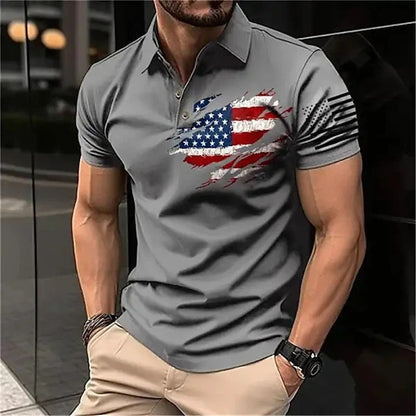 Men's Casual Flag Printed Lapel Short Sleeve