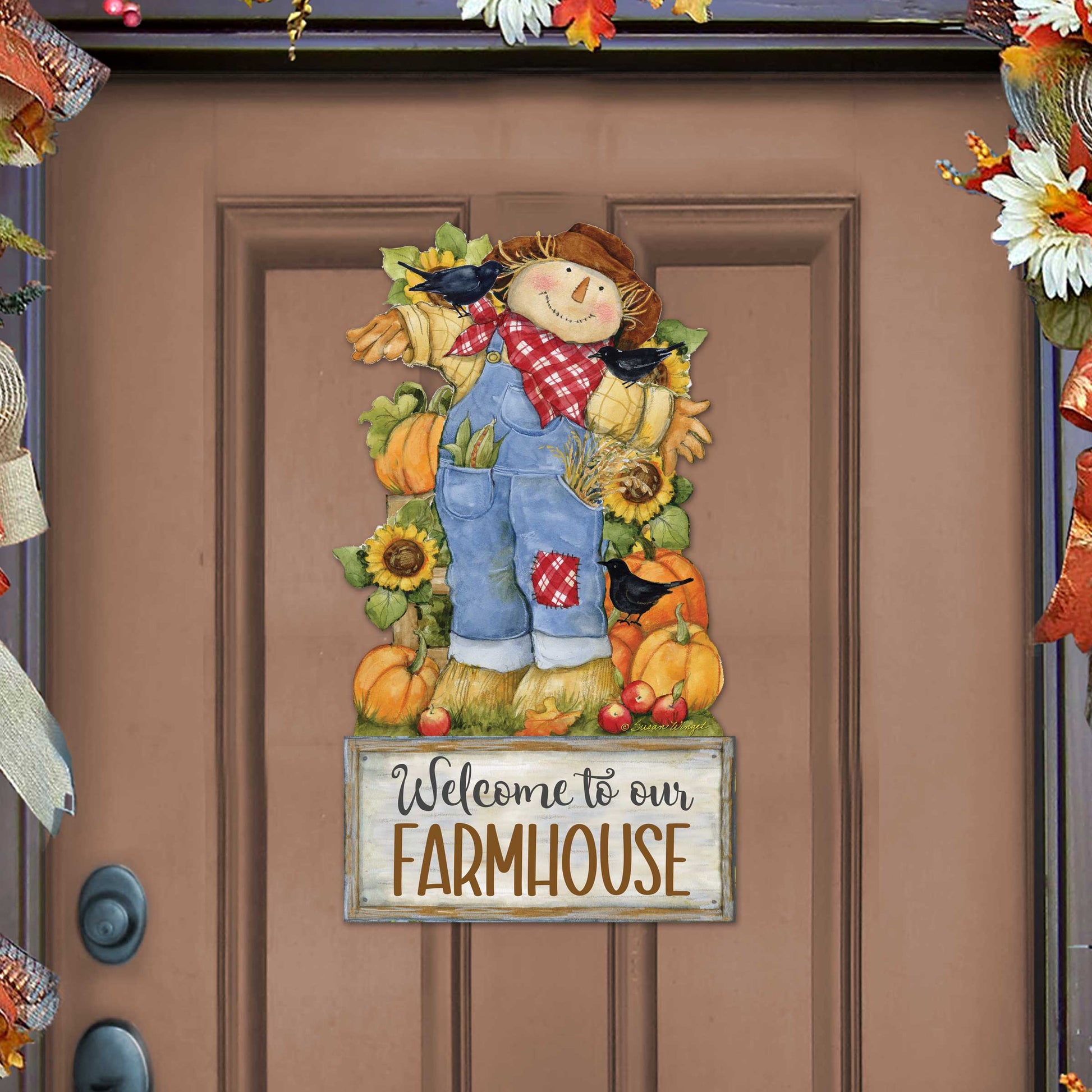 Farmhouse Door Hanger Fall Decoration Harvest Scarecrow Welcome Sign - Handmade Gift Autumn Adornment by Susan Winget - 8471211-2H-SW-0