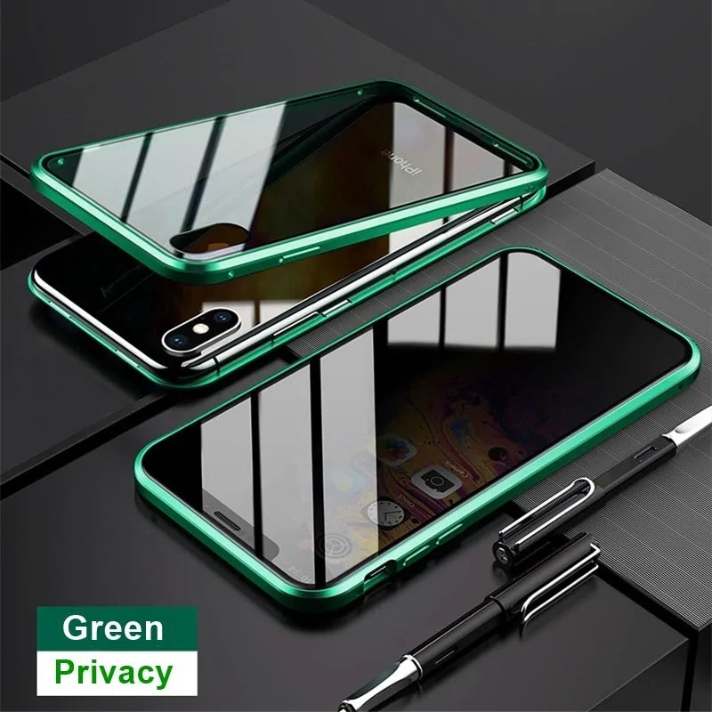 Double-sided magnetic metal tempered glass + front privacy glass phone case