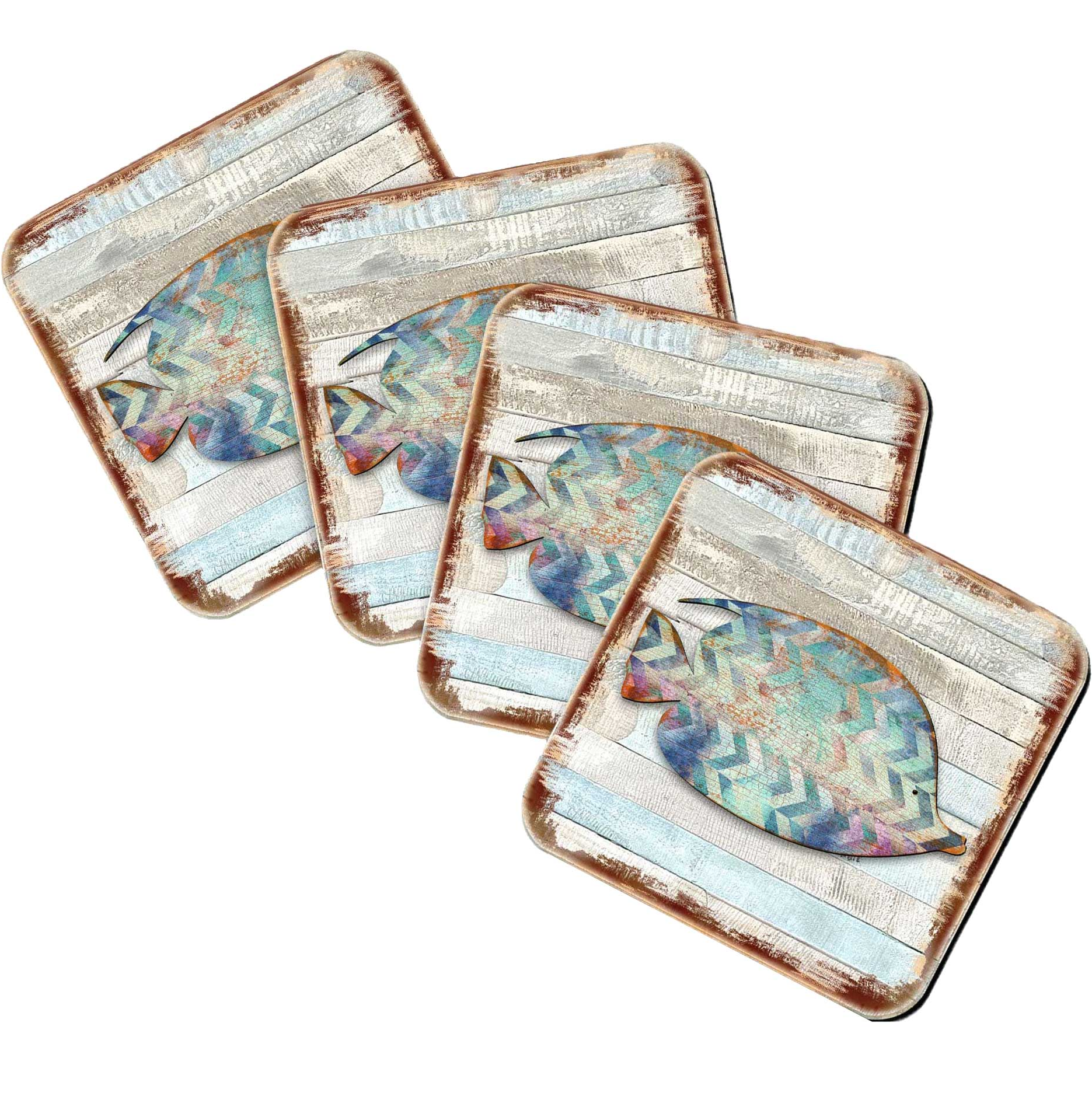 Tropical Fish Coastal Wooden Cork Coasters Gift Set of 4 by Nature Wonders - Coastal Sea-Life Decor - 8198527-2-9C-S4-0