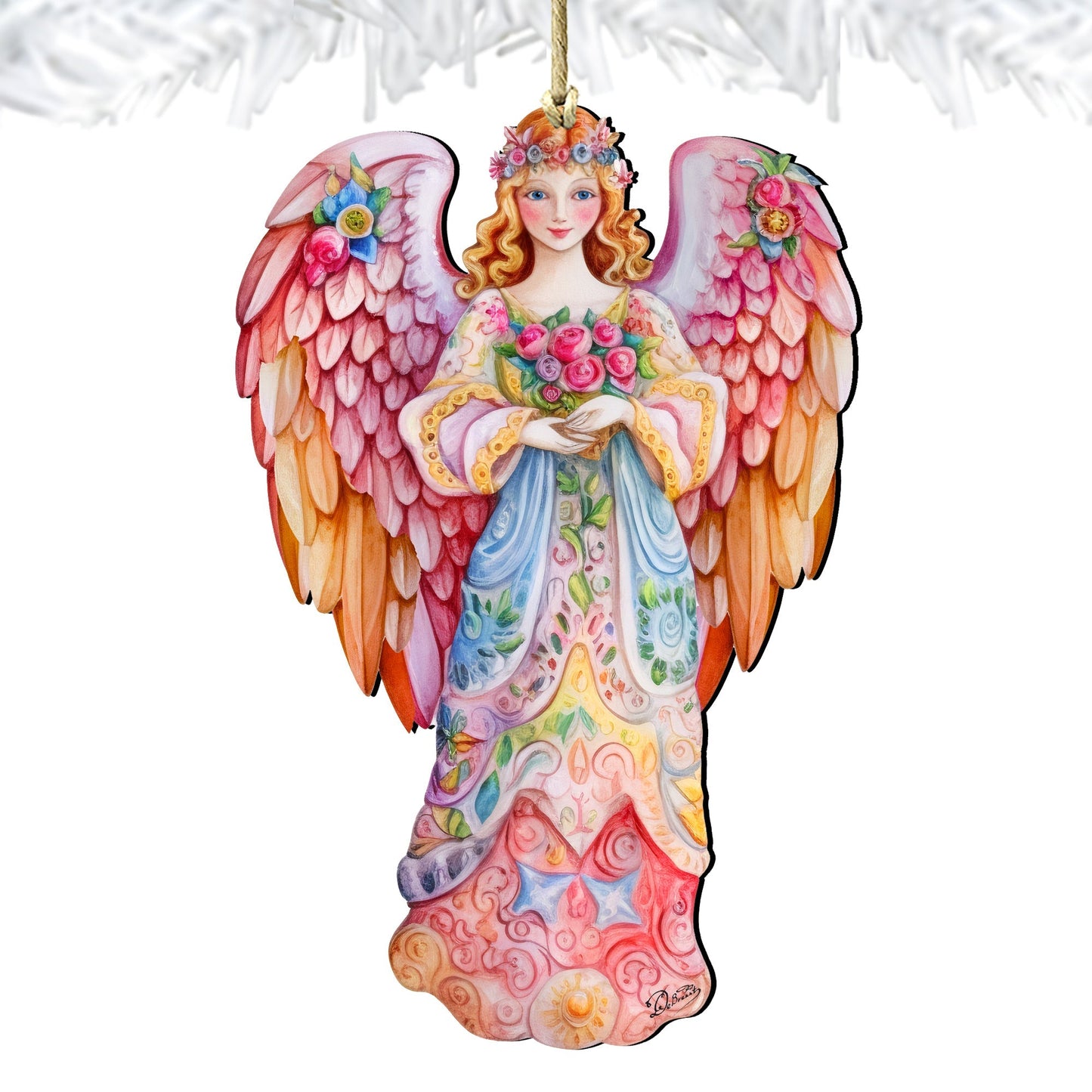 Pink Floral Angel Wooden Ornaments by G. DeBrekht Nativity Holiday Decor - 8611023-3