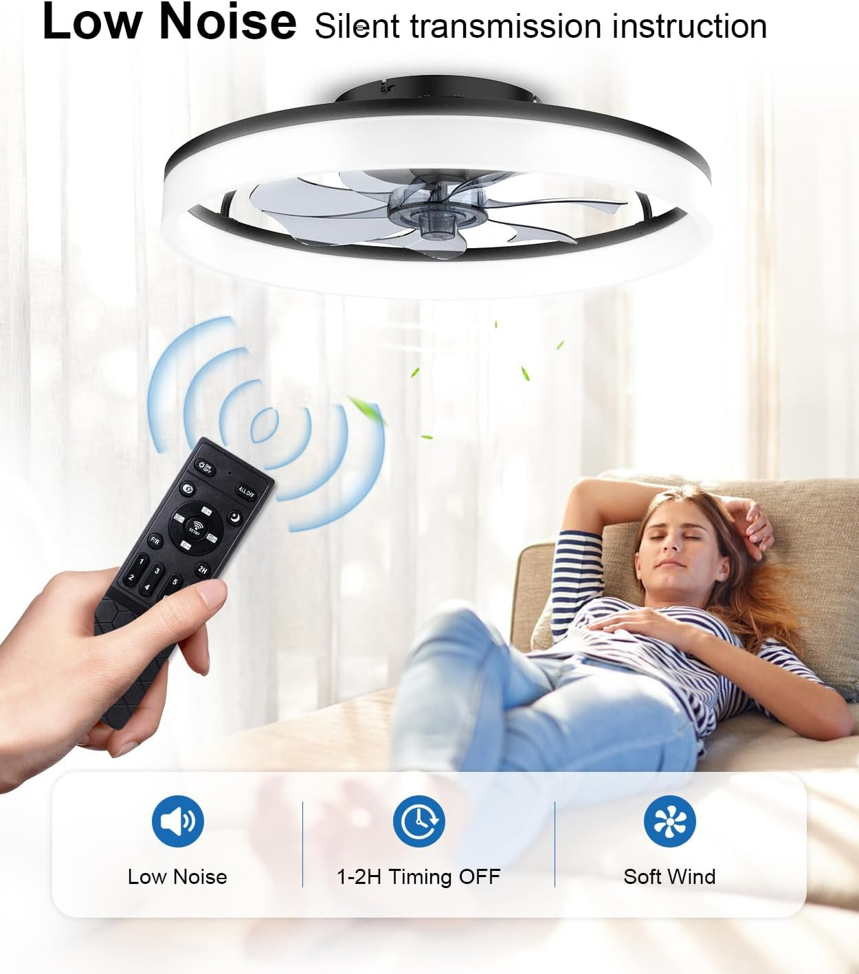 Ceiling Fans with Lights and Remote, 20" Fandelier Ceiling Fan Flush Mount, 3000K-6500K Smart Bladeless LED Fan Light, Modern Low Profile Ceiling Fan with Light for Bedroom, Kids Room and Living Room.-4