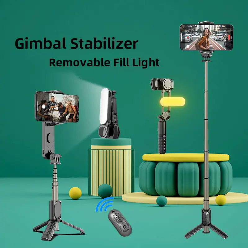 Handheld Gimbal Stabilizer Mini Selfie Stick Tripod with Removable Fill Light