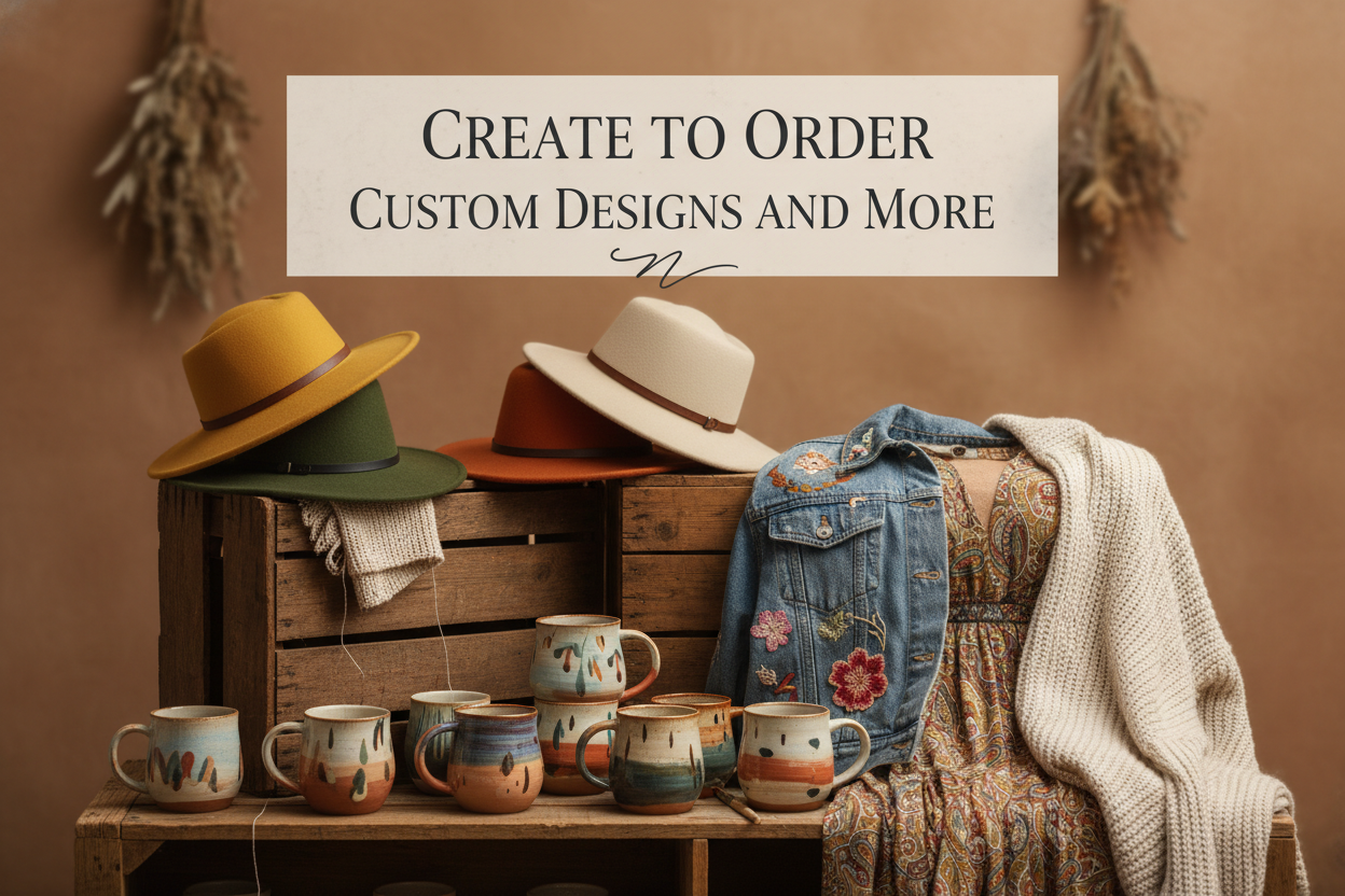 portrait style create to order custom designs and more banner (about thrift items like hats mugs clothing)