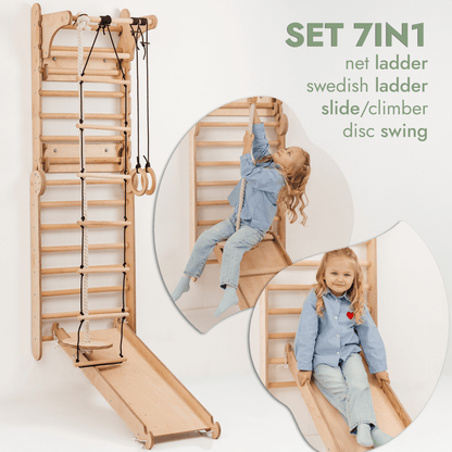 Wooden Swedish Wall / Climbing ladder for Children + Swing Set + Slide Board + Art Add-on-2
