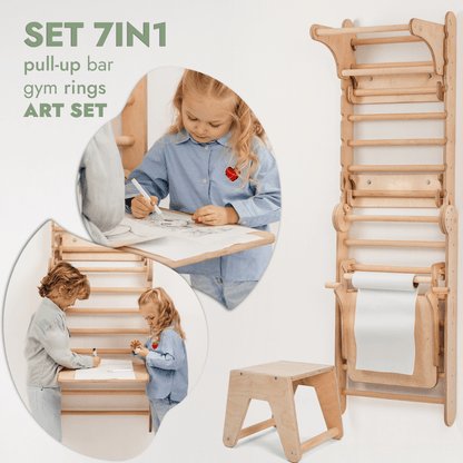 Wooden Swedish Wall / Climbing ladder for Children + Swing Set + Slide Board + Art Add-on-4