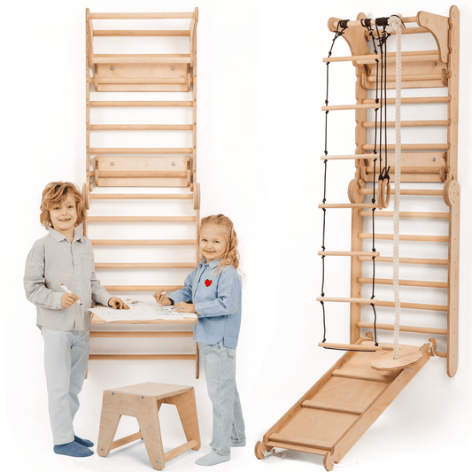 Wooden Swedish Wall / Climbing ladder for Children + Swing Set + Slide Board + Art Add-on-0