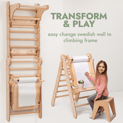 Wooden Swedish Wall / Climbing ladder for Children + Swing Set + Slide Board + Art Add-on-3